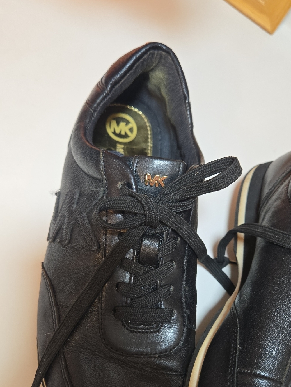 Michael Kors Black Leather Lace-Up Sneakers with Gold MK Accent